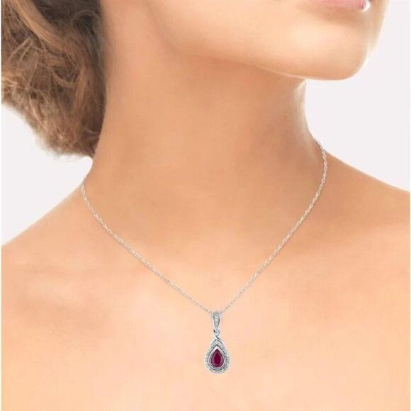 10K Gold 1CT Natural Burmese Ruby & Halo Diamond Necklace -18" -Pear Cut -2.6g - Picture 7 of 16
